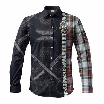 Tartan Vibes Clothing Dennistoun Tartan Long Sleeve Button Shirt with Family Crest Cross Sword Thistle Celtic Vibes