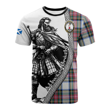 Dennistoun Tartan Clan Crest Cotton T-shirt with Highlander Warrior Celtic Style