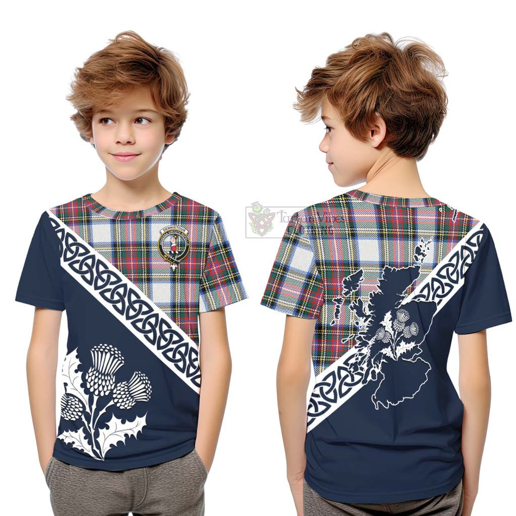 Dennistoun Tartan Kid T-Shirt Featuring Thistle and Scotland Map Youth XL Size14 - Tartan Vibes Clothing