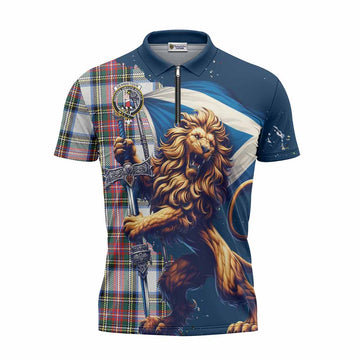 Dennistoun Tartan Family Crest Zipper Polo Shirt with Scottish Majestic Lion Unisex - Tartan Vibes Clothing