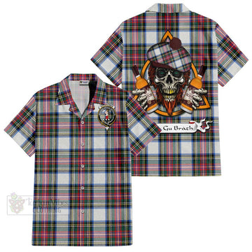 Dennistoun Tartan Hawaiian Shirt with Family Crest and Bearded Skull Holding Bottles of Whiskey Kid - Tartan Vibes Clothing