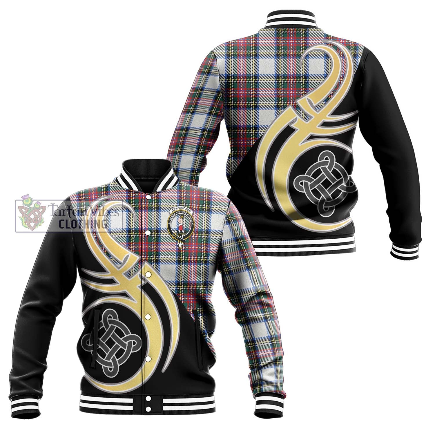 Dennistoun Tartan Baseball Jacket with Family Crest and Celtic Symbol Style Unisex - Tartan Vibes Clothing