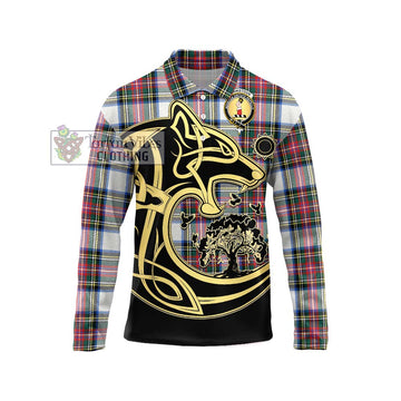 Dennistoun Tartan Long Sleeve Polo Shirt with Family Crest Celtic Wolf Style Unisex - Tartan Vibes Clothing