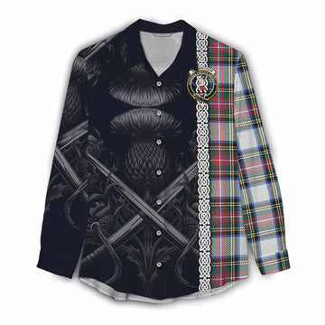 Dennistoun Tartan Women's Casual Shirt with Family Crest Cross Sword Thistle Celtic Vibes Female - Tartan Vibes Clothing
