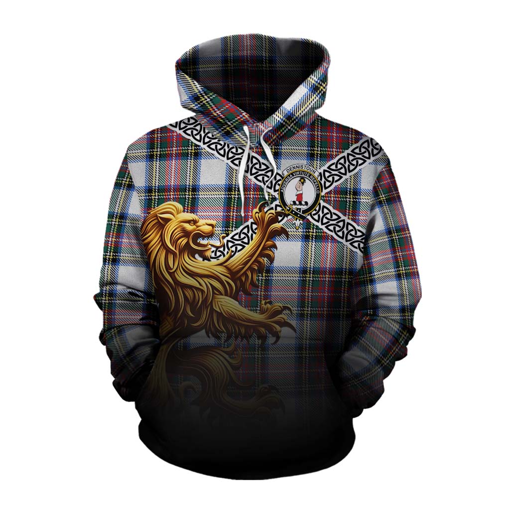Dennistoun Crest Tartan Cotton Hoodie with Golden Lion Emblem Celtic Style Pullover Hoodie XS - Tartan Vibes Clothing