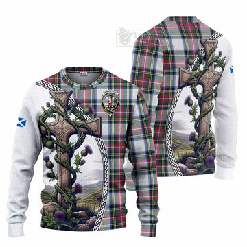 Dennistoun Tartan Knitted Sweater with Family Crest and St. Andrew's Cross Accented by Thistle Vines