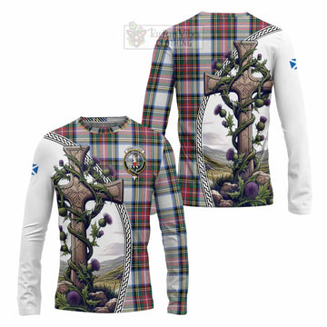 Dennistoun Tartan Long Sleeve T-Shirt with Family Crest and St. Andrew's Cross Accented by Thistle Vines