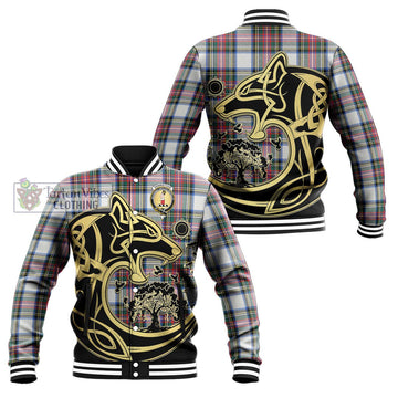 Dennistoun Tartan Baseball Jacket with Family Crest Celtic Wolf Style Unisex - Tartan Vibes Clothing