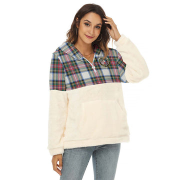 Dennistoun Tartan Half Style Women's Borg Fleece Hoodie with Half Zip with Family Crest Female - Tartan Vibes Clothing
