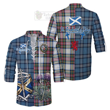 Dennistoun Tartan Ghillie Kilt Shirt Happy St. Andrew's Day Half Tartan Style Men - Tartan Vibes Clothing