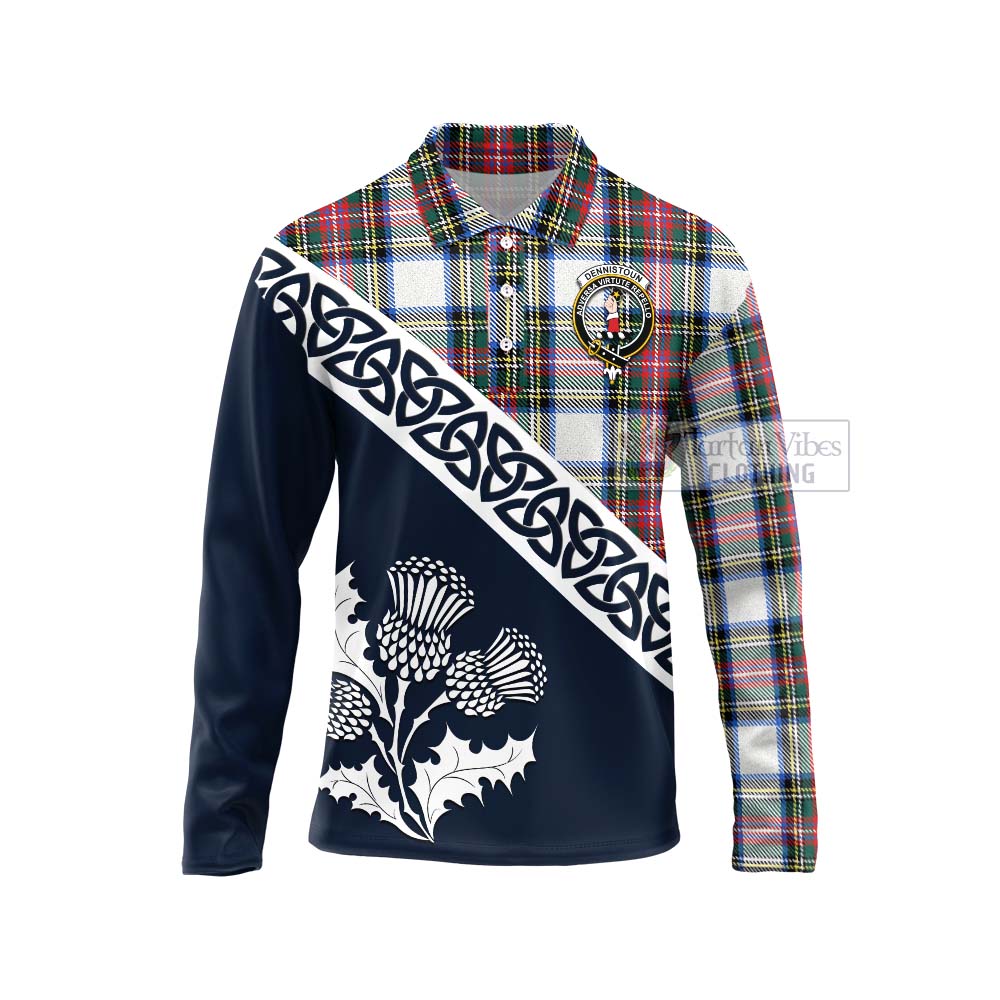Dennistoun Tartan Long Sleeve Polo Shirt Featuring Thistle and Scotland Map Unisex - Tartan Vibes Clothing