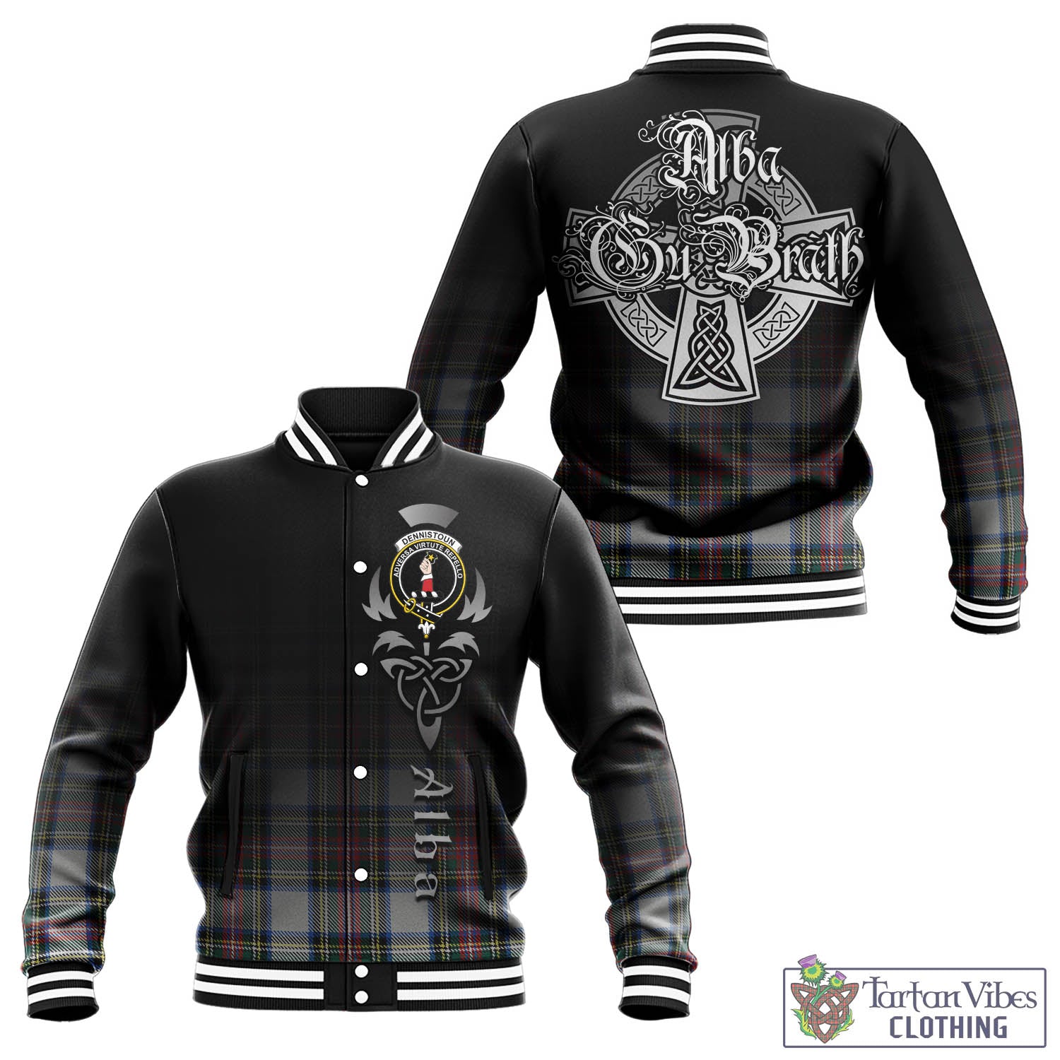 Dennistoun Tartan Baseball Jacket Featuring Alba Gu Brath Family Crest Celtic Inspired - Tartan Vibes Clothing