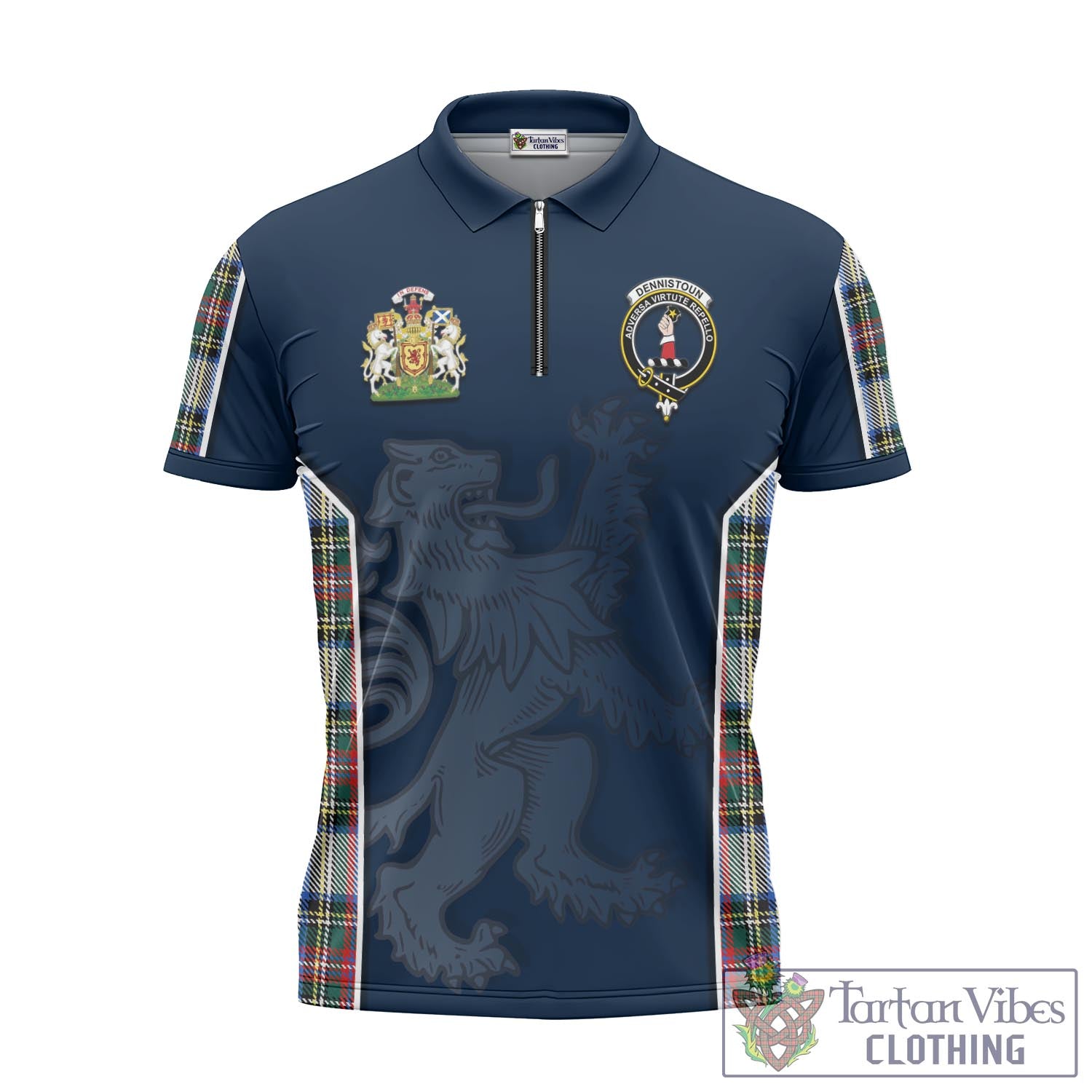 Tartan Vibes Clothing Dennistoun Tartan Zipper Polo Shirt with Family Crest and Lion Rampant Vibes Sport Style