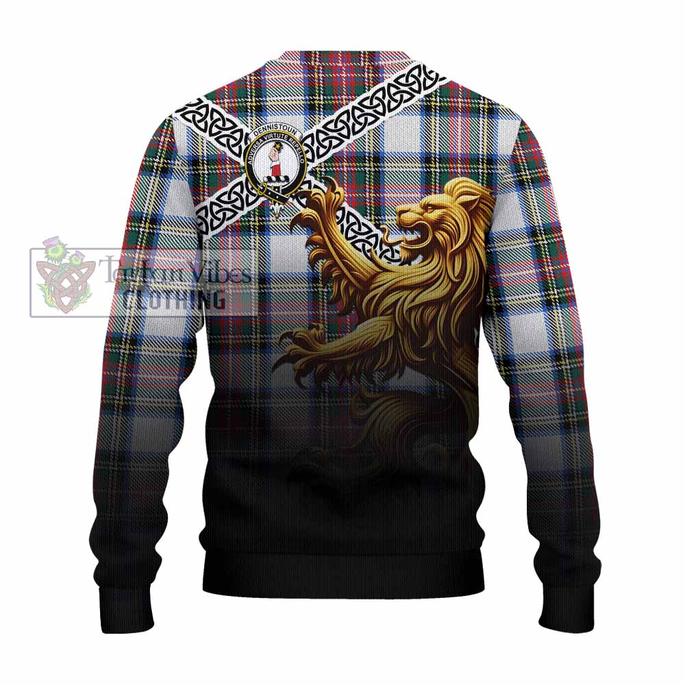 Dennistoun Crest Tartan Knitted Sweater with Golden Lion Emblem Celtic Style - Tartan Vibes Clothing