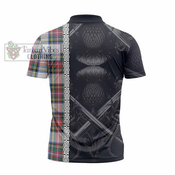 Dennistoun Tartan Zipper Polo Shirt with Family Crest Cross Sword Thistle Celtic Vibes - Tartan Vibes Clothing