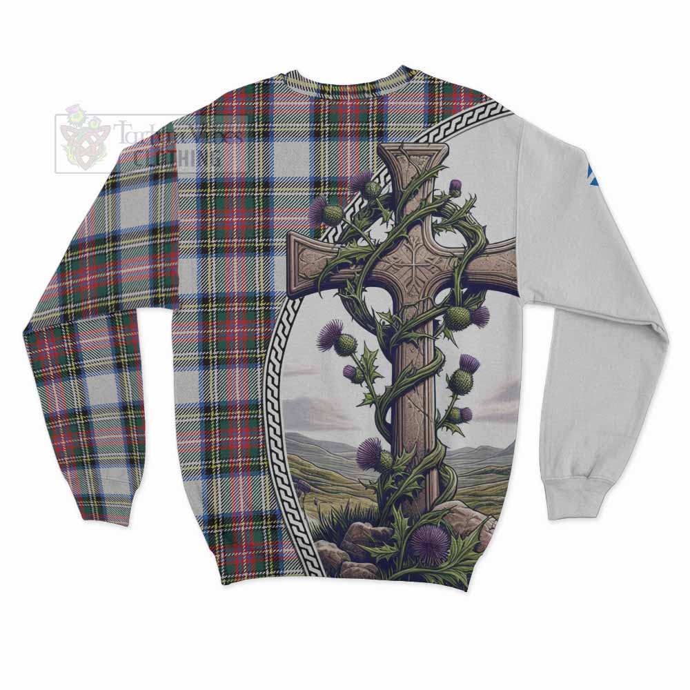 Dennistoun Tartan Sweatshirt with Family Crest and St. Andrew's Cross Accented by Thistle Vines - Tartan Vibes Clothing