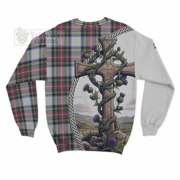 Dennistoun Tartan Sweatshirt with Family Crest and St. Andrew's Cross Accented by Thistle Vines