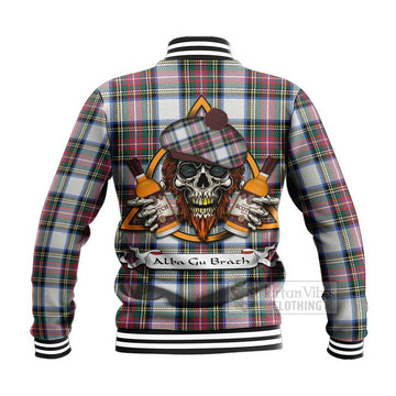 Dennistoun Tartan Baseball Jacket with Family Crest and Bearded Skull Holding Bottles of Whiskey - Tartan Vibes Clothing