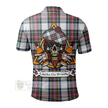 Dennistoun Tartan Polo Shirt with Family Crest and Bearded Skull Holding Bottles of Whiskey - Tartan Vibes Clothing