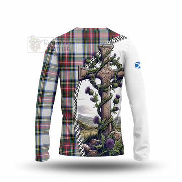 Dennistoun Tartan Long Sleeve T-Shirt with Family Crest and St. Andrew's Cross Accented by Thistle Vines