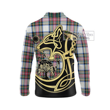 Dennistoun Tartan Long Sleeve Polo Shirt with Family Crest Celtic Wolf Style - Tartan Vibes Clothing