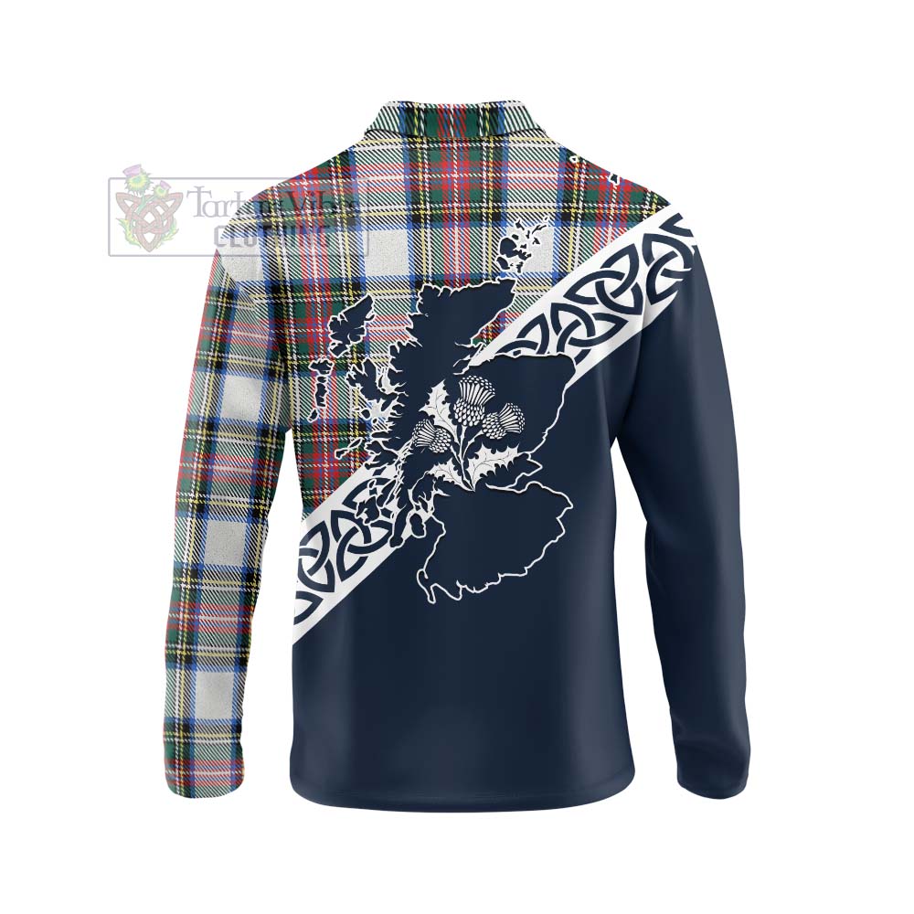 Dennistoun Tartan Long Sleeve Polo Shirt Featuring Thistle and Scotland Map - Tartan Vibes Clothing