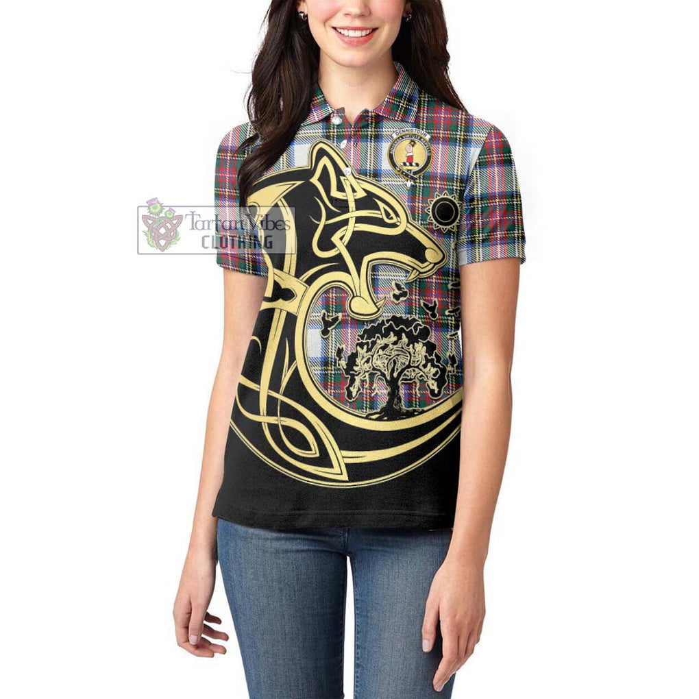 Dennistoun Tartan Women's Polo Shirt with Family Crest Celtic Wolf Style - Tartan Vibes Clothing