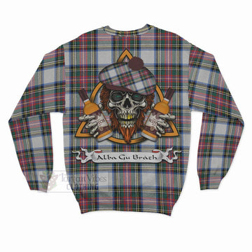 Dennistoun Tartan Sweatshirt with Family Crest and Bearded Skull Holding Bottles of Whiskey - Tartan Vibes Clothing