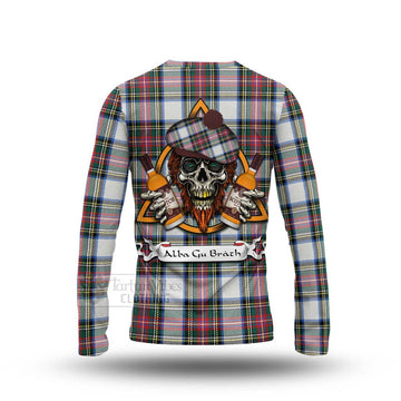 Dennistoun Tartan Long Sleeve T-Shirt with Family Crest and Bearded Skull Holding Bottles of Whiskey - Tartan Vibes Clothing
