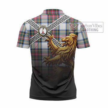 Dennistoun Crest Tartan Zipper Polo Shirt with Golden Lion Emblem Celtic Style - Tartan Vibes Clothing