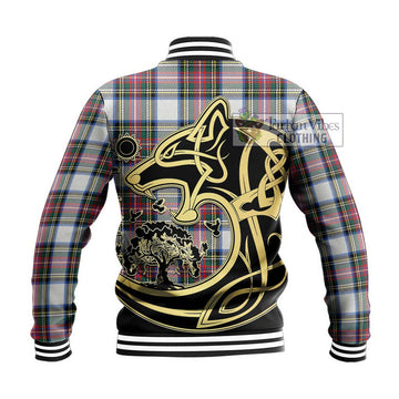 Dennistoun Tartan Baseball Jacket with Family Crest Celtic Wolf Style - Tartan Vibes Clothing