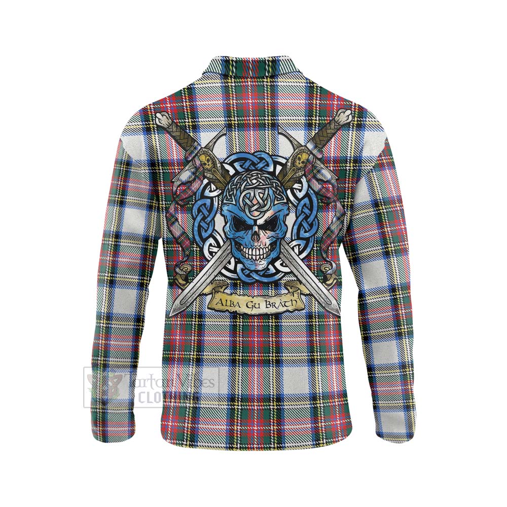 Dennistoun Tartan Long Sleeve Polo Shirt with Family Crest Celtic Skull Style - Tartan Vibes Clothing
