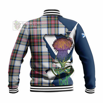 Tartan Vibes Clothing Dennistoun Tartan Family Crest Baseball Jacket Scottish Thistle Celtic Inspired