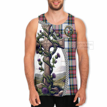 Dennistoun Tartan Men's Tank Top with Family Crest and St. Andrew's Cross Accented by Thistle Vines - Tartan Vibes Clothing