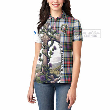 Dennistoun Tartan Women's Polo Shirt with Family Crest and St. Andrew's Cross Accented by Thistle Vines - Tartan Vibes Clothing