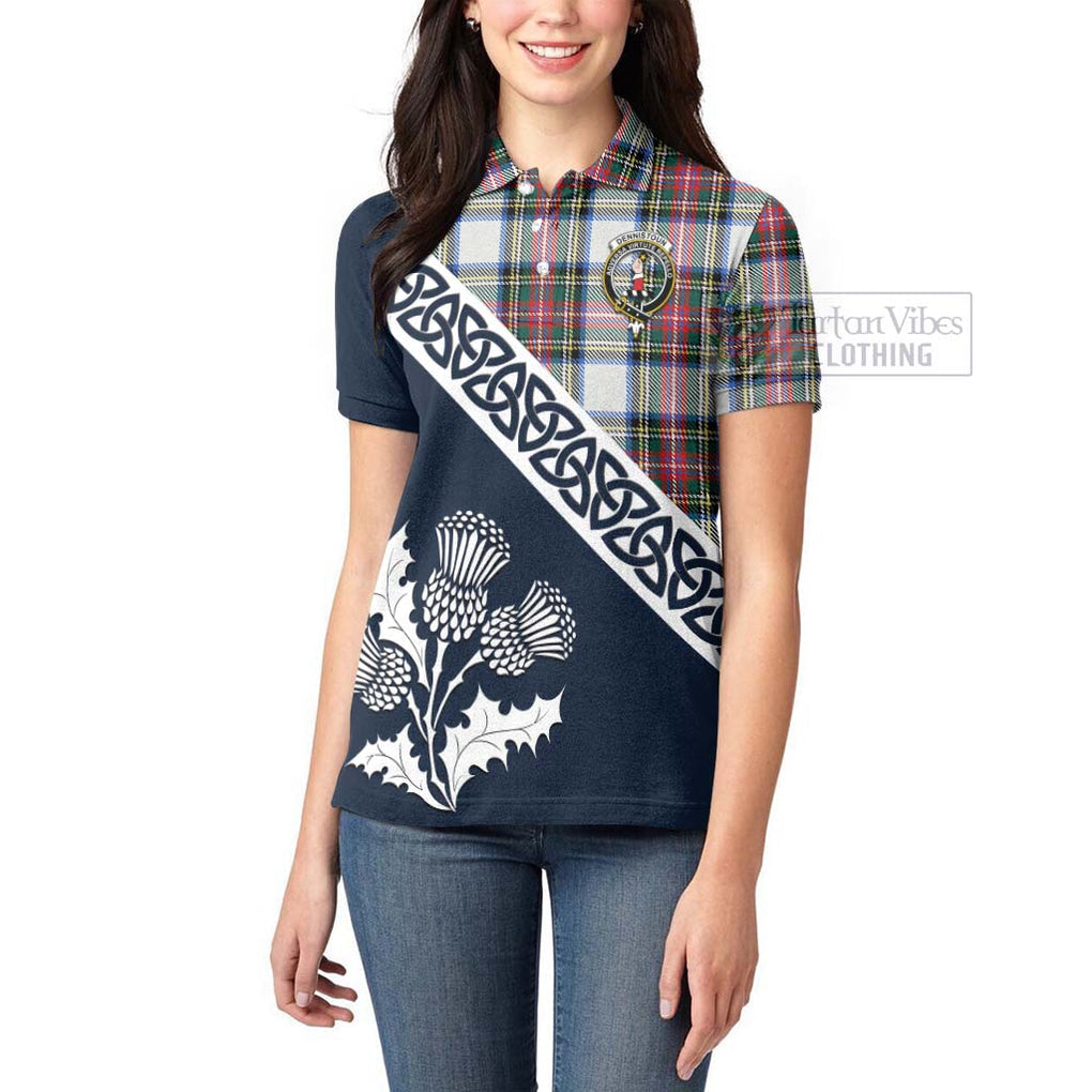 Dennistoun Tartan Women's Polo Shirt Featuring Thistle and Scotland Map - Tartanvibesclothing Store
