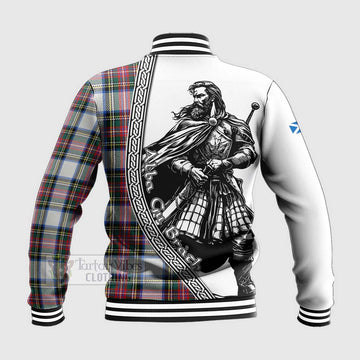 Dennistoun Tartan Clan Crest Baseball Jacket with Highlander Warrior Celtic Style - Tartan Vibes Clothing