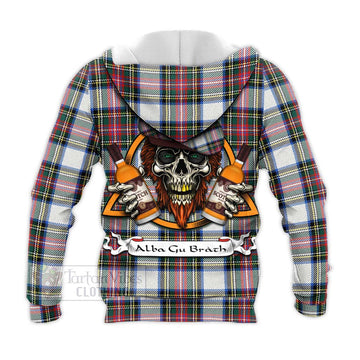 Dennistoun Tartan Knitted Hoodie with Family Crest and Bearded Skull Holding Bottles of Whiskey - Tartan Vibes Clothing