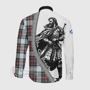 Dennistoun Tartan Clan Crest Long Sleeve Button Shirt with Highlander Warrior Celtic Style Men's Shirt - Tartan Vibes Clothing