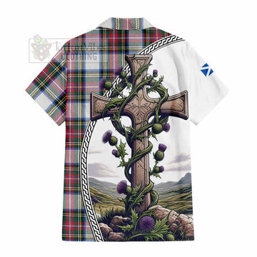 Dennistoun Tartan Hawaiian Shirt with Family Crest and St. Andrew's Cross Accented by Thistle Vines - Tartan Vibes Clothing