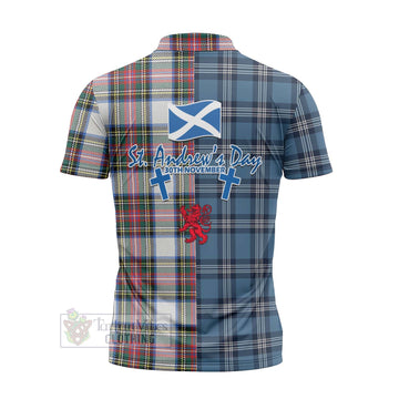 Dennistoun Tartan Zipper Polo Shirt Happy St. Andrew's Day Half Tartan Style - Tartan Vibes Clothing