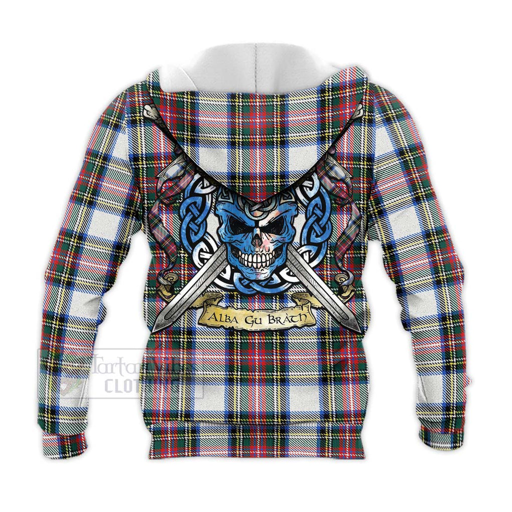 Dennistoun Tartan Knitted Hoodie with Family Crest Celtic Skull Style - Tartan Vibes Clothing