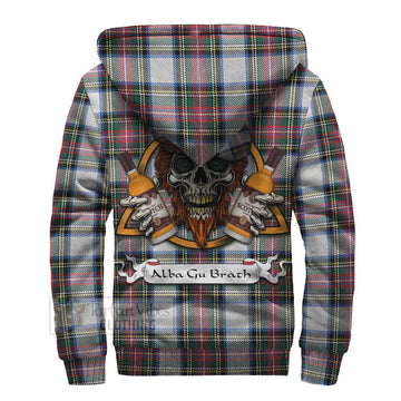 Dennistoun Tartan Sherpa Hoodie with Family Crest and Bearded Skull Holding Bottles of Whiskey - Tartan Vibes Clothing