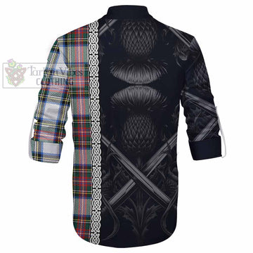Dennistoun Tartan Ghillie Kilt Shirt with Family Crest Cross Sword Thistle Celtic Vibes - Tartan Vibes Clothing
