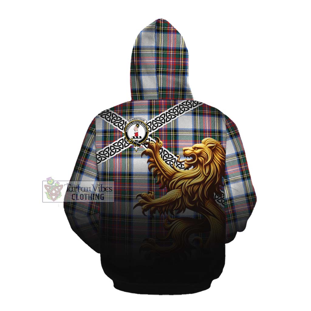 Dennistoun Crest Tartan Cotton Hoodie with Golden Lion Emblem Celtic Style Pullover Hoodie - Tartan Vibes Clothing