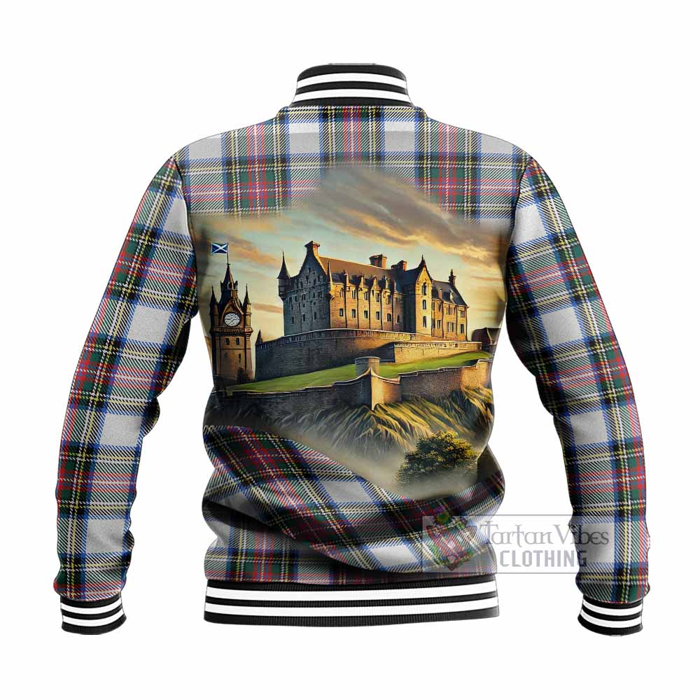 Dennistoun Tartan Family Crest Baseball Jacket with Scottish Ancient Castle Style - Tartan Vibes Clothing