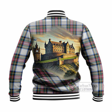 Dennistoun Tartan Family Crest Baseball Jacket with Scottish Ancient Castle Style - Tartan Vibes Clothing