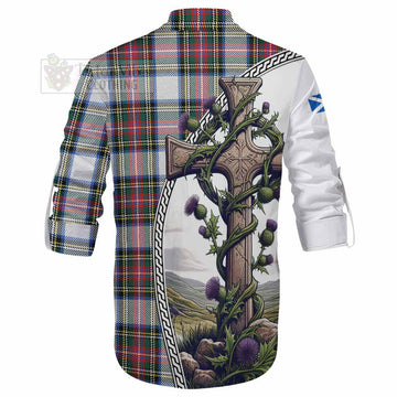 Dennistoun Tartan Ghillie Kilt Shirt with Family Crest and St. Andrew's Cross Accented by Thistle Vines