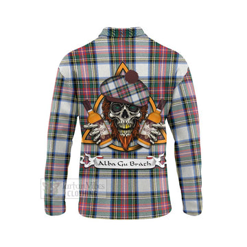 Dennistoun Tartan Long Sleeve Polo Shirt with Family Crest and Bearded Skull Holding Bottles of Whiskey - Tartan Vibes Clothing