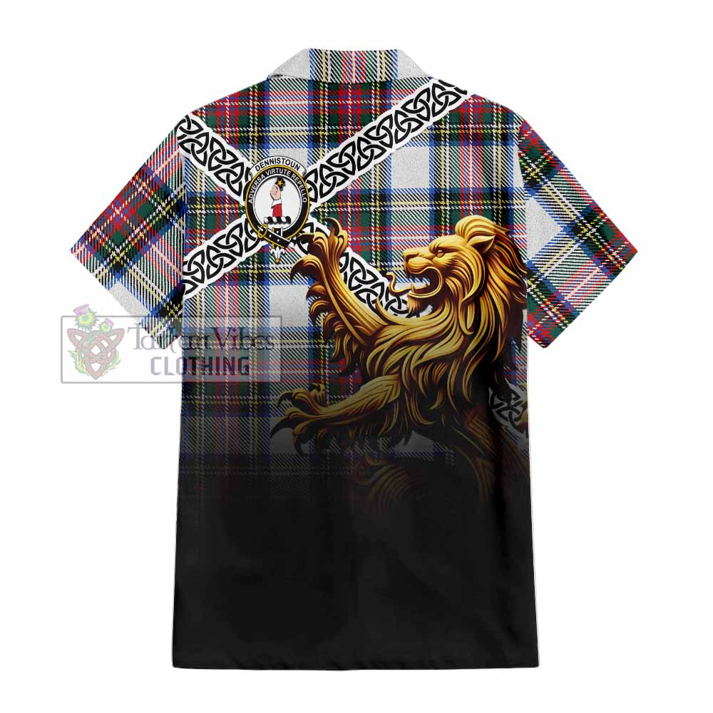 Dennistoun Crest Tartan Hawaiian Shirt with Golden Lion Emblem Celtic Style - Tartan Vibes Clothing